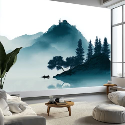 Murale da Parete 3D Architettura Montagne Fiumi Carta da Parati Fotografica, Inchiostro Cinese Stile Pittorico Murale da Parete in Tessuto Non Tessuto Poster Design Moderno 450 x 315 cm per Soggiorno