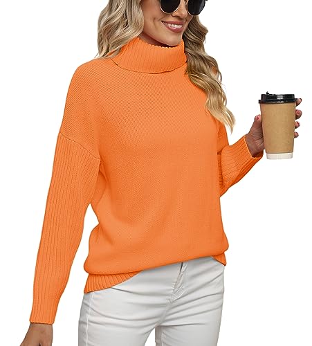 Jouica Hoodie Turtleneck Oversized Sweaters 2024 Long Batwing Sleeve Tunic Pullover Knit Tops,Orange,Large