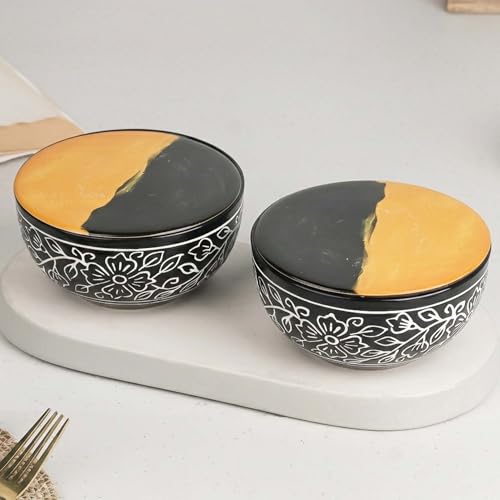 Image of The Earth Store Black Artvine Snack Bowl with Coasters /Lid Set for Kitchen | Dishwasher & Microwave Safe Serving Bowl for Snacks, Rice, Dal, Fruits, Salad | 500ML Set of 2