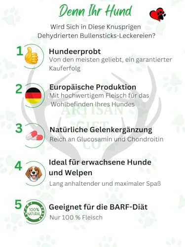 ARTISAN GIFT CO Ochsenziemer für Hunde - 100% Trockenfleisch Hundeleckerlis, geeignet für die Barf-Diät - Bullensticks für Hunde - (30cm) - Sparpaket 5 st.