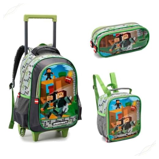 Shaolong - Kit Escolar Infantil, Mochila de Rodinha, Lancheira e Estojo - Gamecraft - Meninos