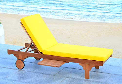 Safavieh Outdoor Collection Newport Natural/ Yellow Cushion Built-In Side Table Adjustable Chaise Lounge Chair #TOP16