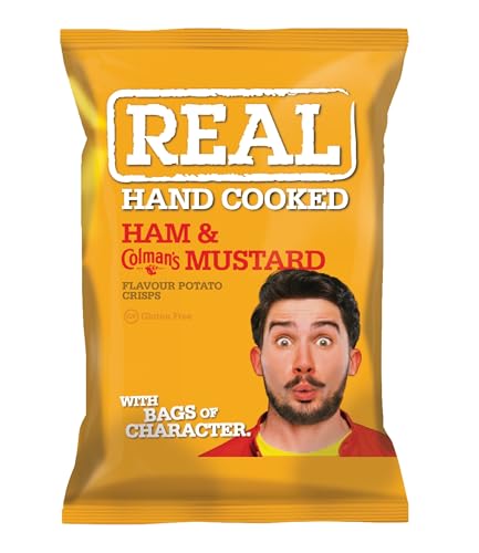 REAL Handcooked Crisps Ham & English Mustard 24 x 35g Gourmet Crispy Potato Snack Packs Savoury & Tangy