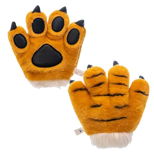 2Pcs Fursuit Feet Paw 10 Inch Cute Soft Short Plush Tiger Animal Gloves Simulation Cartoon Furry Paws Costume Accessories for Cosplay Party Ball