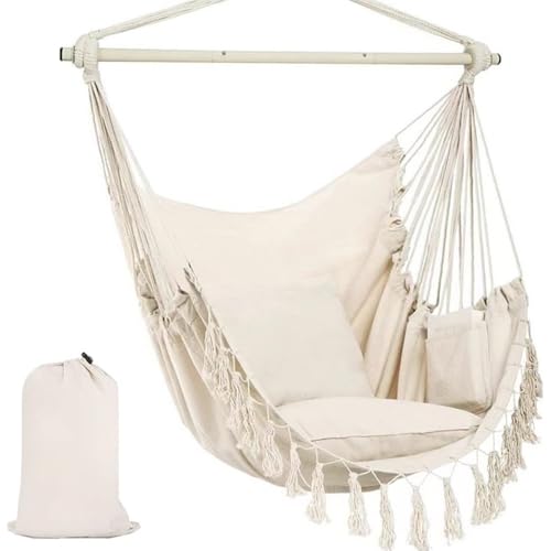 Hammock Chair Hanging Rope Swing, Havy-Duty Canvas Hanging Rope Chair, Large Macrame Hangings Chairs with 2 Cushions and Storage Bag for Indoor, Outdoor, Extra Comfortable