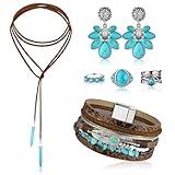Ecally Bohemian Western Jewelry Turquoise Set Women Country Pendant Long Choker Layered Bracelets Earrings Ring for Women(Vintage,Turquoise)