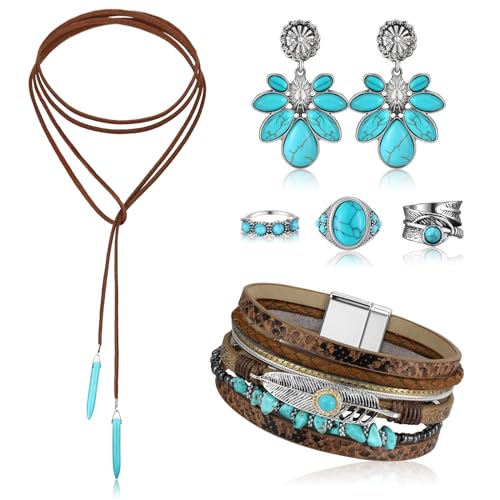 Image of Ecally Bohemian Western Jewelry Turquoise Set Women Country Pendant Long Choker Layered Bracelets Earrings Ring for Women