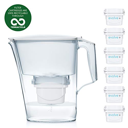 Aqua Optima Jarra Liscia + 6 cartuchos de filtro de agua Evolve. Pack de 6 meses, blanco, 2,8 litros, 172x264x263