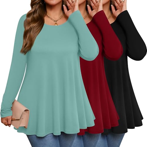 3 Pack Women's Plus Size Tunic Top Casual Long Sleeve Shirts Knitted Loose Fit Blouse Wear with Leggings
