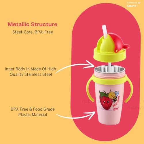 Image of Nabhya Inner Stainless Steel & Outer Plastic 360ml BPA-Free Cute Animal Design Baby Sipper Kids Water Bottle with Straw and Side Handle for Kids (Pink & Yellow - 2pc)