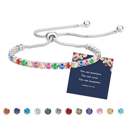 Fehki Pulsera de tenis para mujer, pulsera ajustable con cordón de cristal, piedra natal, joyería delicada para cumpleaños, día de la madre, regalo para novias, damas de honor, mamá, hermana, Latón