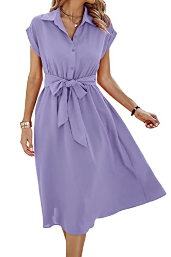 Image of ECOWISH Womens Casual Midi Dresses Solid V Neck Short Sleeve Button Shirt Belted Dress with Pockets for Spring Summer 2026