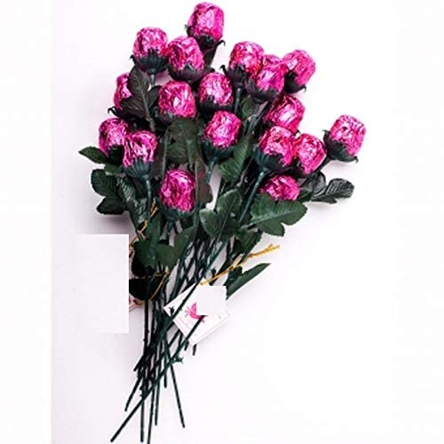 One Dozen PINK Chocolate Roses - Solid Premium 9 1/2" Milk Chocolate Rose Wrapped in Shiny PINK Italian Foil
