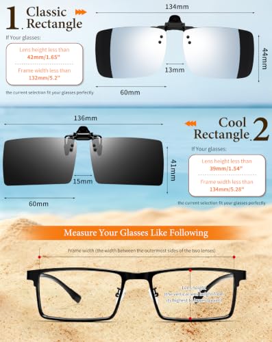 Image of Joopin 2 Pack Rectangle Clip on Flip up Sunglasses Polarized UV Protection | 2 Pcs, TAC lens, Metal Clips, Rubber Bars, Women, Men, rectangular, Frameless, Clamped onto the glasses, Driving, Fishing