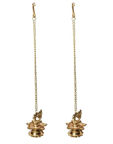 METALERA Traditional Brass Hanging Peacock Diya with Chain 16 Inches | Deepak | Oil Lamp | Pack of 2, Golden