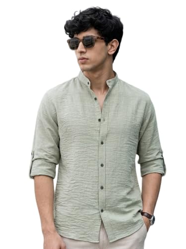 Image of Urbano Fashion Men's Linen Blend Full Sleeve Relaxed Fit Mandarin Collar Casual Solid Shirt