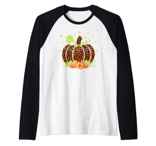 Otoño calabaza leopardo estampado gráfico hojas y flores regalo Camiseta Manga Raglan