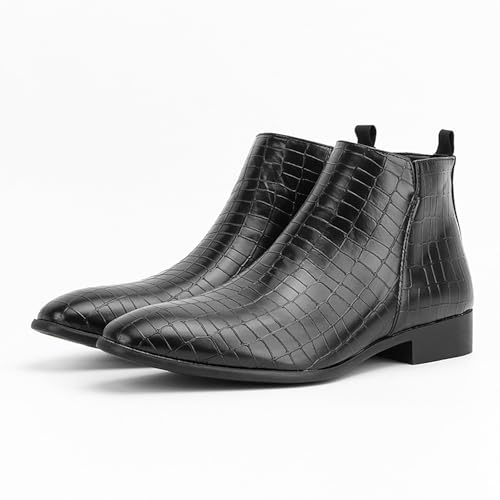 Men'S Leather Printed Low Heel Chelsea Ankle Boots Fashion High Top Round Toe Slip On Business Casual Dress Ankle Boots4