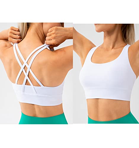 Lavento Women's Strappy Sports Bra Long Line Medium Support Energy Workout Training Top (White, Large) #TOP5