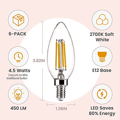 Alampever 6-Pack B11 Led Candelabra Bulbs, Dimmable 4.5W (60W Equivlant) Led Chandelier Light Bulbs, E12 Base,2700K Soft White, 450Lm,Cri80 #TOP1