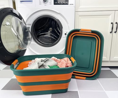 Image of SAMMART Collapsible Plastic Laundry Basket with Handle /Foldable Pop Up Storage Hamper /Portable Laundry Organizer-Space Saving Washing Tub /Household Storage (Teal Green /Autumn leaf, 27L (Set of 2))