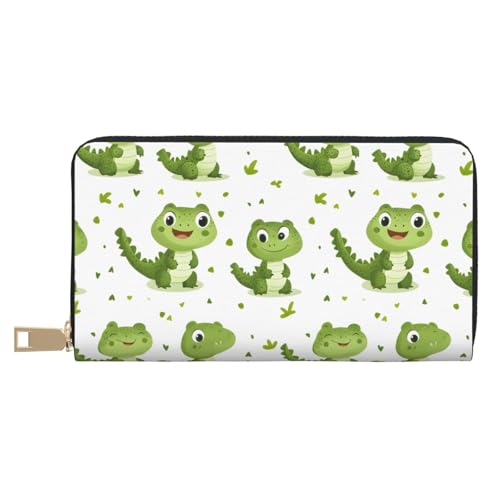 Cute Crocodile Green Print Wallet Women, Leather Bifold Multi Card Wallet, Long Purse Women's Wallets