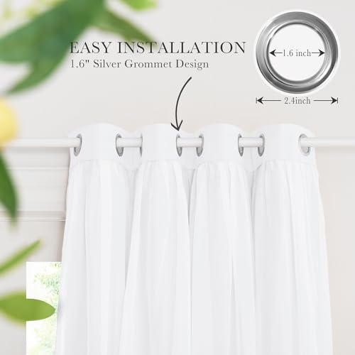 Image of PONY DANCE White Curtains, 52 W by 84 L, Pure White, 2 Pieces | Double Layer Curtains 84 inches Long with Sheer Overlay Nursery Panels for Bedroom /Living /Dining Room