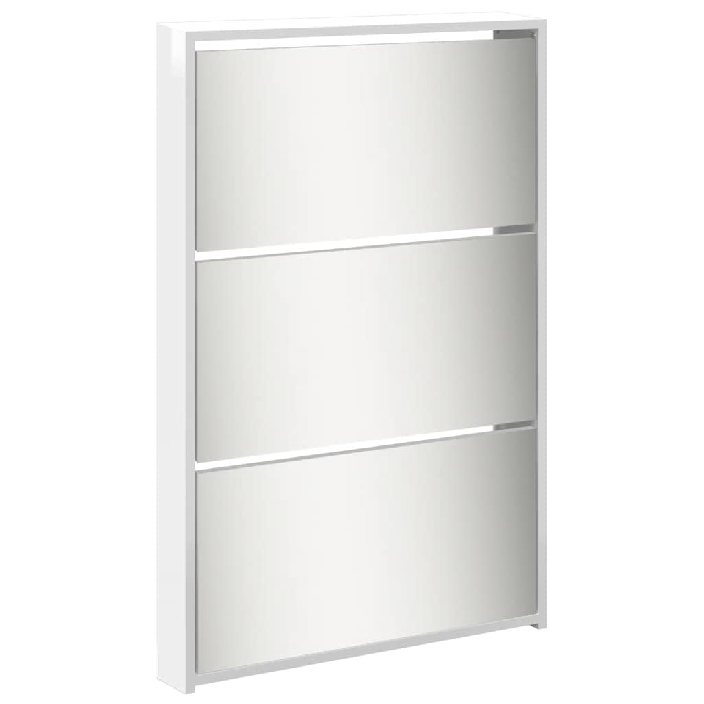 Zapatero con espejo con 5 compartimentos plegables, color blanco brillante para 15-20 pares de zapatos, volquete estrecho de madera para pasillo y entrada, 63 x 17 x 169,5 cm
