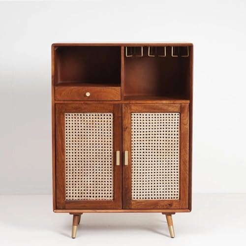 Image of Mid-Century Modern Storage Cabinet, Solid Wood with Rattan Doors, 1 Drawer, Brass Hardware, Bar Hooks W-81 X D-39 X H-114 cm