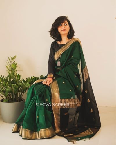 Image of ZECVA Women's Pure Soft Spun Cotton Lichi Silk Saree For Women With Attach Unstitch Blouse Piece