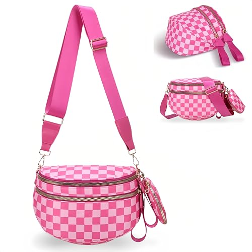 Image of Checkered Crossbody Bum Bags for Women, Nylon Sling Bags with Shoulder Strap, Large Capacity Checkered Purse Bag