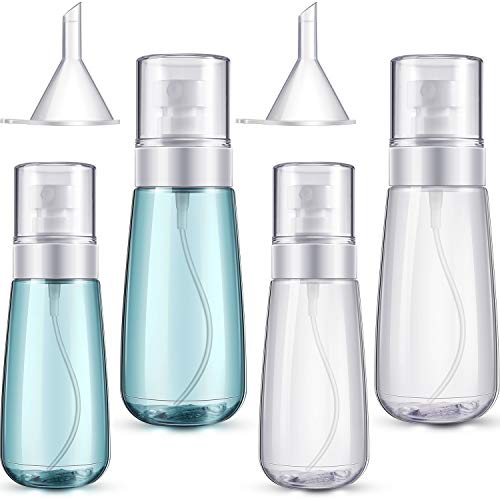 4 Pieces Spray Bottle Travel Size, 60 ml/ 2 oz and 100 ml/ 3.4 oz Fine Mist Hairspray Bottle Empty Airless Clear Refillable Containers with 2 Funnels and 8 Labels for Makeup Essential Oils Perfume