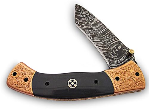 Poshland Limited Edition Custom Handmade Damascus Steel Folding Knife - Beautiful Micarta Handle with Brass Handwork