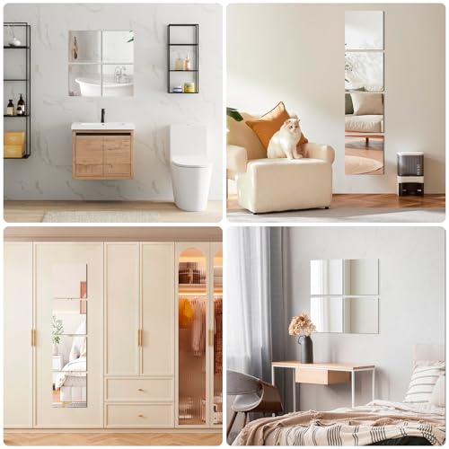 Image of 4 Pieces Self Adhesive Acrylic Mirrors, Unbreakable Mirror Tiles, Flexible Wall Mirror Plates, Shatterproof, Full Body Mirror for Home, Bedroom, Gym, Door, Wardrobe