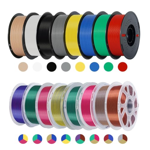 Kingroon 16KG Silk PLA Filament, Tri Color PLA Filament, Multicolor 3D Printer Filament, Dimensional Accuracy 1.75mm (+/-0.02mm) 16 Rolls*1KG Spool(35.2lbs), Single Color*8+Tricolors*8