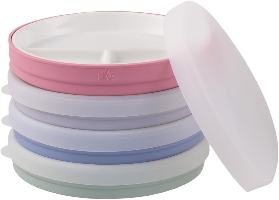 Elk and Friends Kids 7.8” Porcelain White Divided Plates with Silicone Sleeves + Lids, Blush/Misty Blue/Sage/Lilac