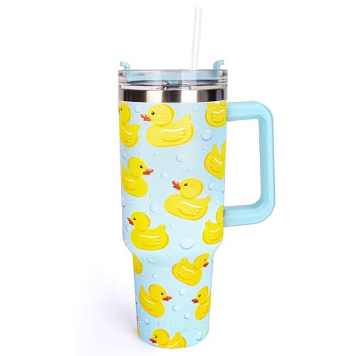 Whaline 40oz Yellow Duck Tumbler with Handle Straw and Lid Cute Animal Travel Tumbler Coffee Cup for Friend Holiday Birthday Party Favors