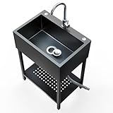 26' Freestanding Stainless Steel Utility Sink, Single Bowl Kitchen Sinks w/Storage Shelve, Black Heavy Duty Sinks with Cold & Hot Water Pipe for Commercial Laundry Room Farmhouse, 12-Gallon Basin