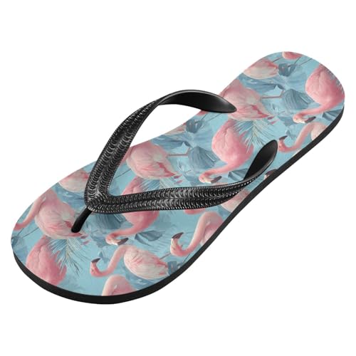 ALAZA Pink Flamingo Blue Leave Flip Flops for Women Fashion Beach Slippers Comfort Mens Flip Flops Non-Slip Rubber Shower Slippers Sandal for Hotel Travel Sport,XS2