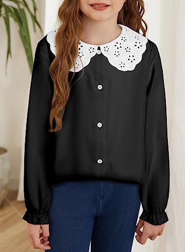 Image of DOKOTOO KIDS Girls Ruffle Long Sleeve Chiffon Blouses Cute Peter Pan Collar Shirts Tops 7-15 Years