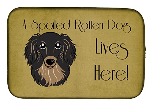 Caroline's Treasures BB1461DDM Longhair Black and Tan Dachshund Spoiled Dog Lives Here Dish Drying Mat Absorbent Dish Drying Mat Pad for Kitchen Counter Dish Drainer Mat for Countertop, 14 x 21", Mult