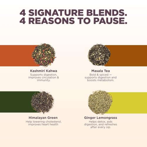 Image of CHAYAM Tea Tranquility Gift Set | 4 Loose Leaf Blends & Stainless Steel Infuser, 250g | Kashmiri Kahwa, Masala Chai, Himalayan Green, Ginger Lemongrass | Wellness Tea Gift Box for All Occasions, Corporate Gifting & for Foreigners