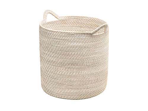 KOUBOO Laguna Round Rattan Storage Basket Large White Wash Handles