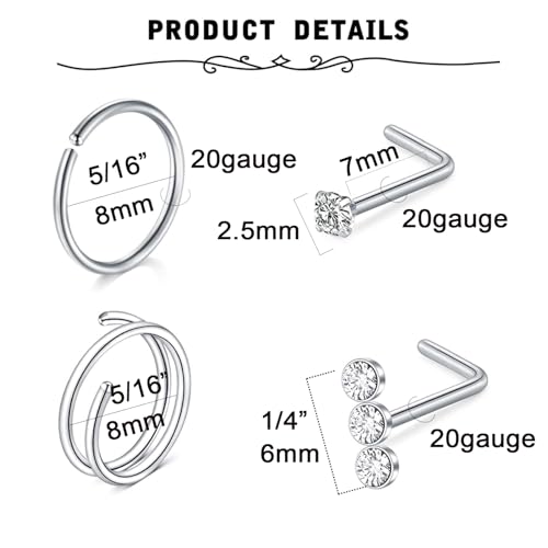 MODRSA Nose Rings 20g Nose Rings Hoops Nose Studs Nose Rings for Women Surgical Steel Nose Hoops 20 Gauge Nose Screw Nose Piercing Jewelry Silver Rose Gold2
