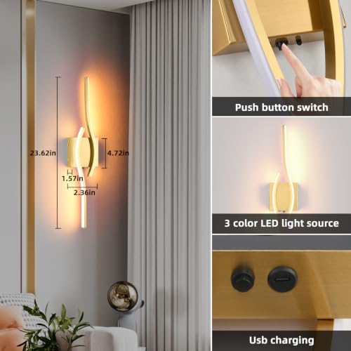 Image of Battery Powered Wall Sconces Set of 2, Gold 23.6 inch LED Dimmable Wall Sconce with Remote Control /Timer /Memory, USB Rechargeable Wall lights for Living Room, Bedroom, Hallway Wireless scones lighting