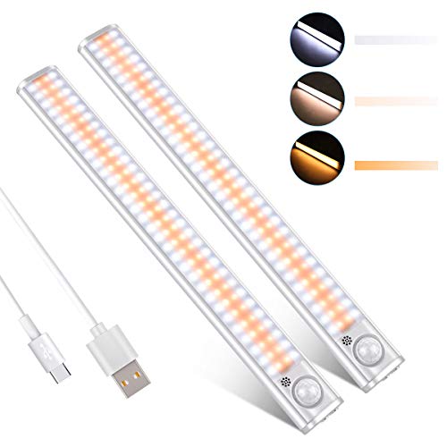 Preisvergleich Produktbild 2 Pack - 120 LED Bewegungsmelder Schrankbeleuchtung Schranklicht Nachtlicht USB Wiederaufladbar Einstellbare Helligkeit 3 Farbwechsel mit Magnetstreifen für Schrank, Flur, Kleiderschrank, Küche 4 Modi