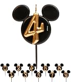 dekora - Vela de Cumpleaños de Mickey Mouse - Velas de Disney - Cera de Parafina sin Fragancia - Velas para Niños con Orejas de Mickey Mouse Negro y Dorado - Tamaño 8,5 cm - Número 4