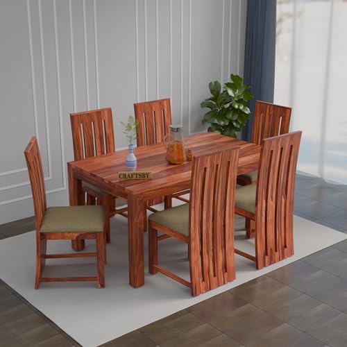 Image of 57 Inch Length Solid Sheesham Wood 6 Seater Dining Table Set | Six Seater Dinner Table with 6 Cushions High Chairs | Dinning Table Set 6 Seater for Living Room | Table & Chair, Honey Finish