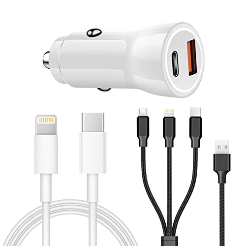 iPhone Car Charger, Car Charger iPhone Fast Charging [Apple MFi Certified] USB Car Phone Charger 38W Dual Port with Lightning & 3-in-1 Cable Car Charger for iPhone 14 13 12 11,iPad,iPad Pro