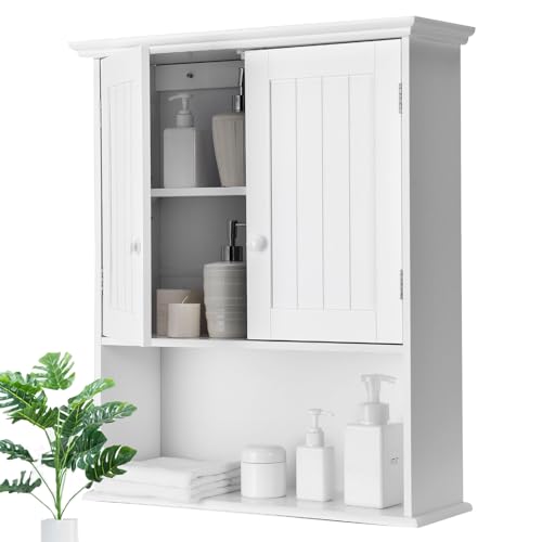DREAMADE Space-Saving Wall-Mounted Cabinet, Medicine Storage Cabinet for Bathroom with 2 Doors, Adjustable Shelf and Open Compartment, Rounded Handle, 8